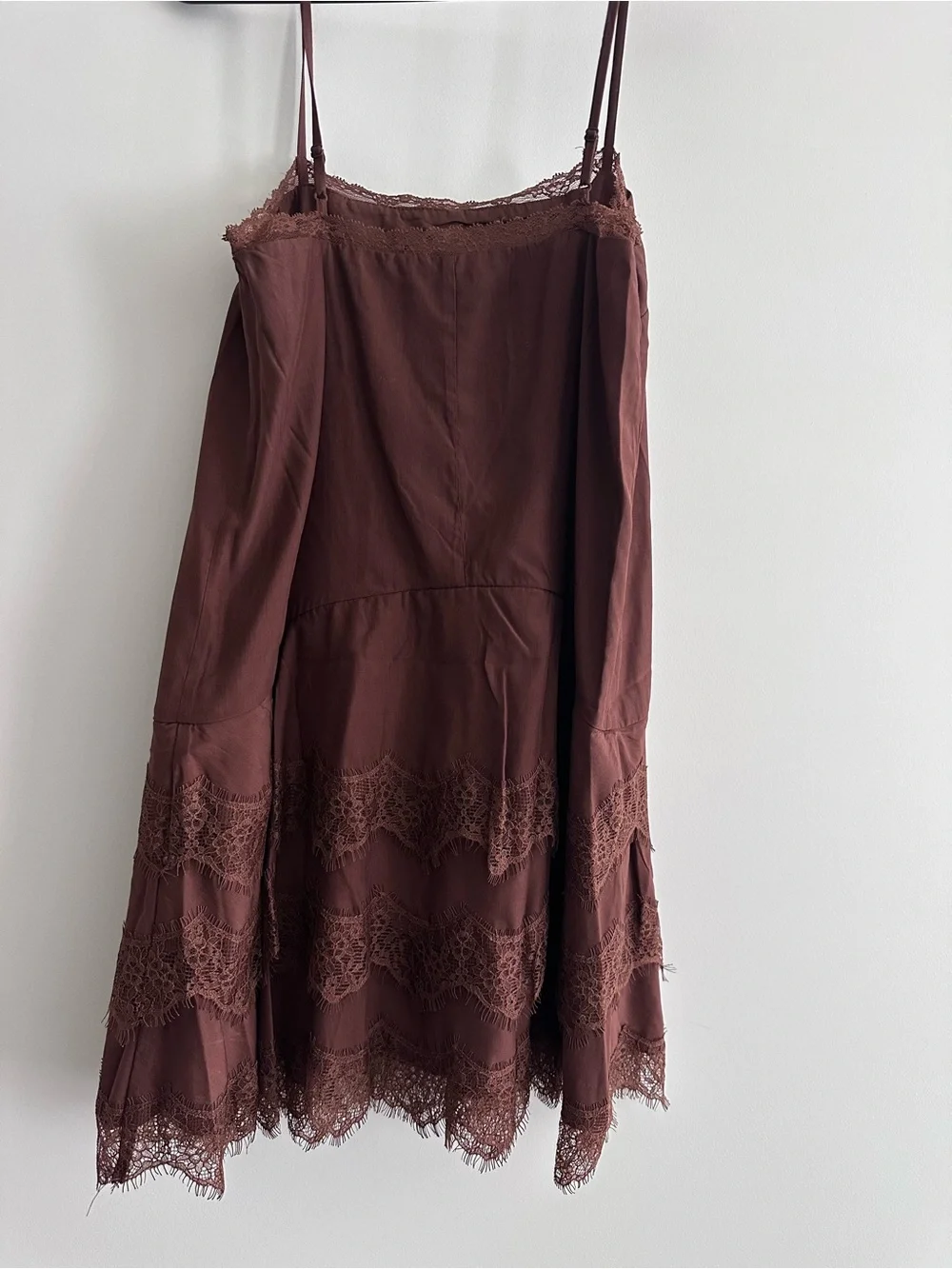 STORIA Brown Lace Trim Mini Dress Size Small Romantic Boho Slip Dress